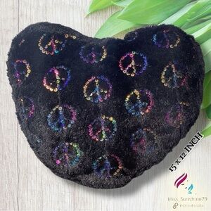 Plush heart shaped Pillow NWOT - with sequined peace signs - front and back